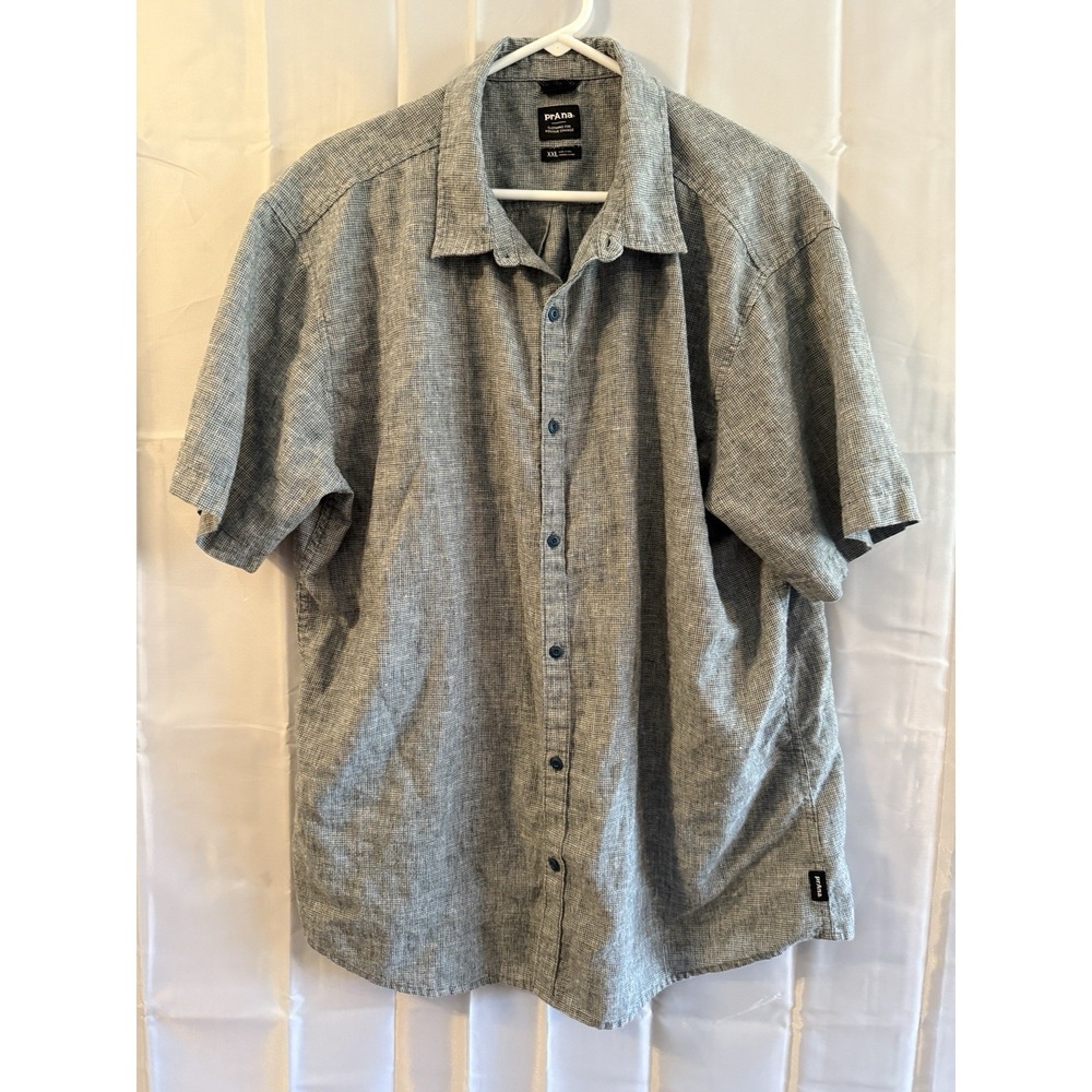 Prana Shirt Mens XXL Blue Hemp Short Sleeve Button Up Check Hiking Outdoors Slim